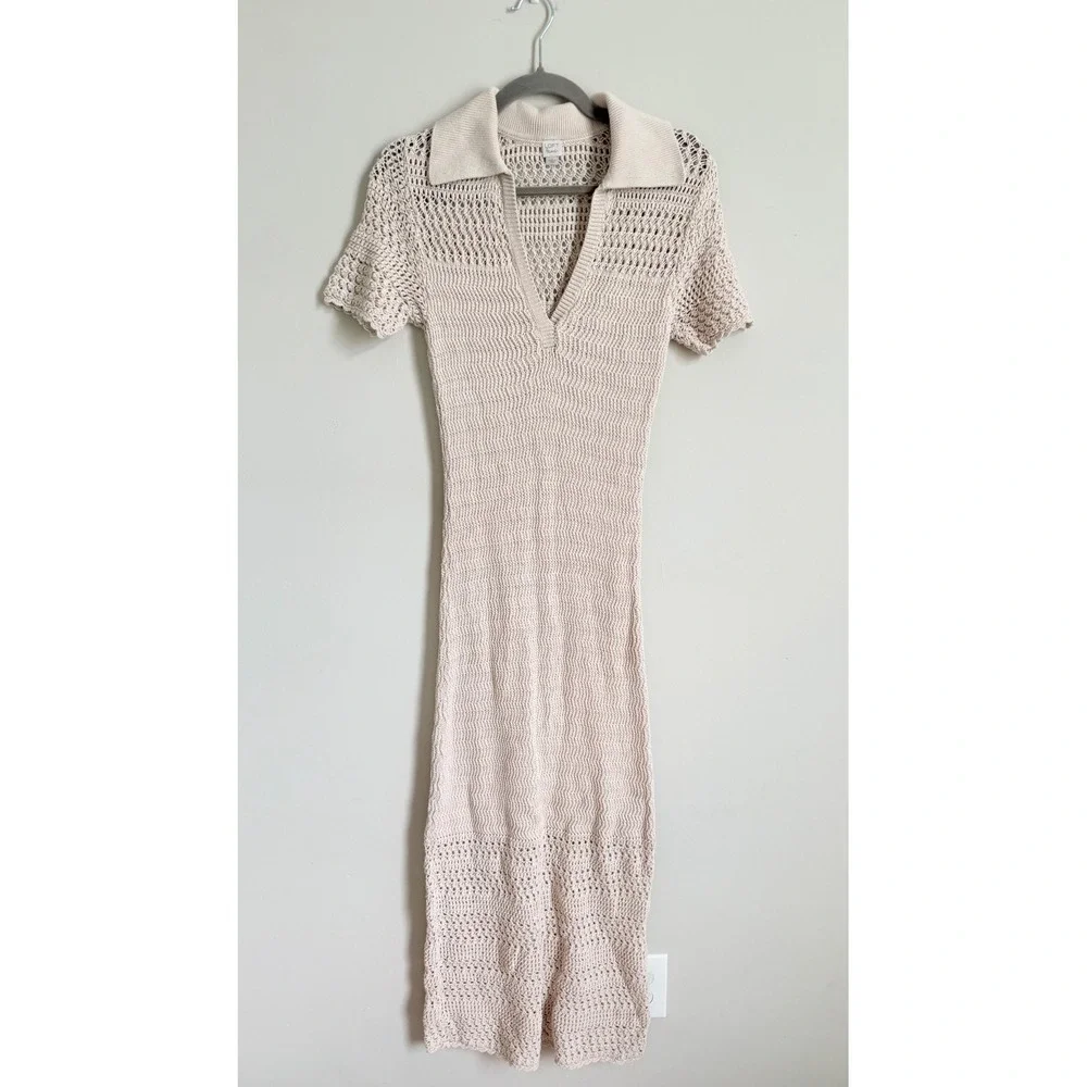 Loft Beach Crochet Maxi Dress Cream Cotton Knit Polo Collar Short Sleeve Small - Picture 2 of 5